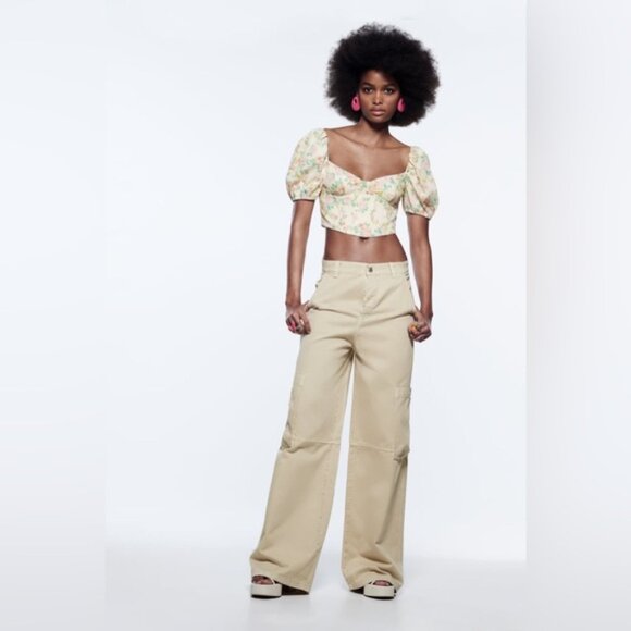 Zara Crop Top Women’s Size Large Floral Puffy Sleeve‎ Smocked Back Corset Point - Picture 3 of 14